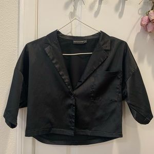PLT Silky Black Button Up Crop Top